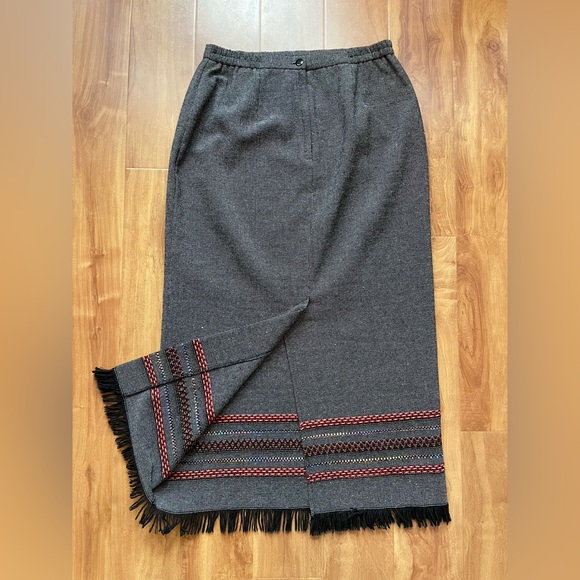 Vintage Black & Grey Wool Blend Embroidered Maxi Skirt With Fringe - Picture 11 of 11